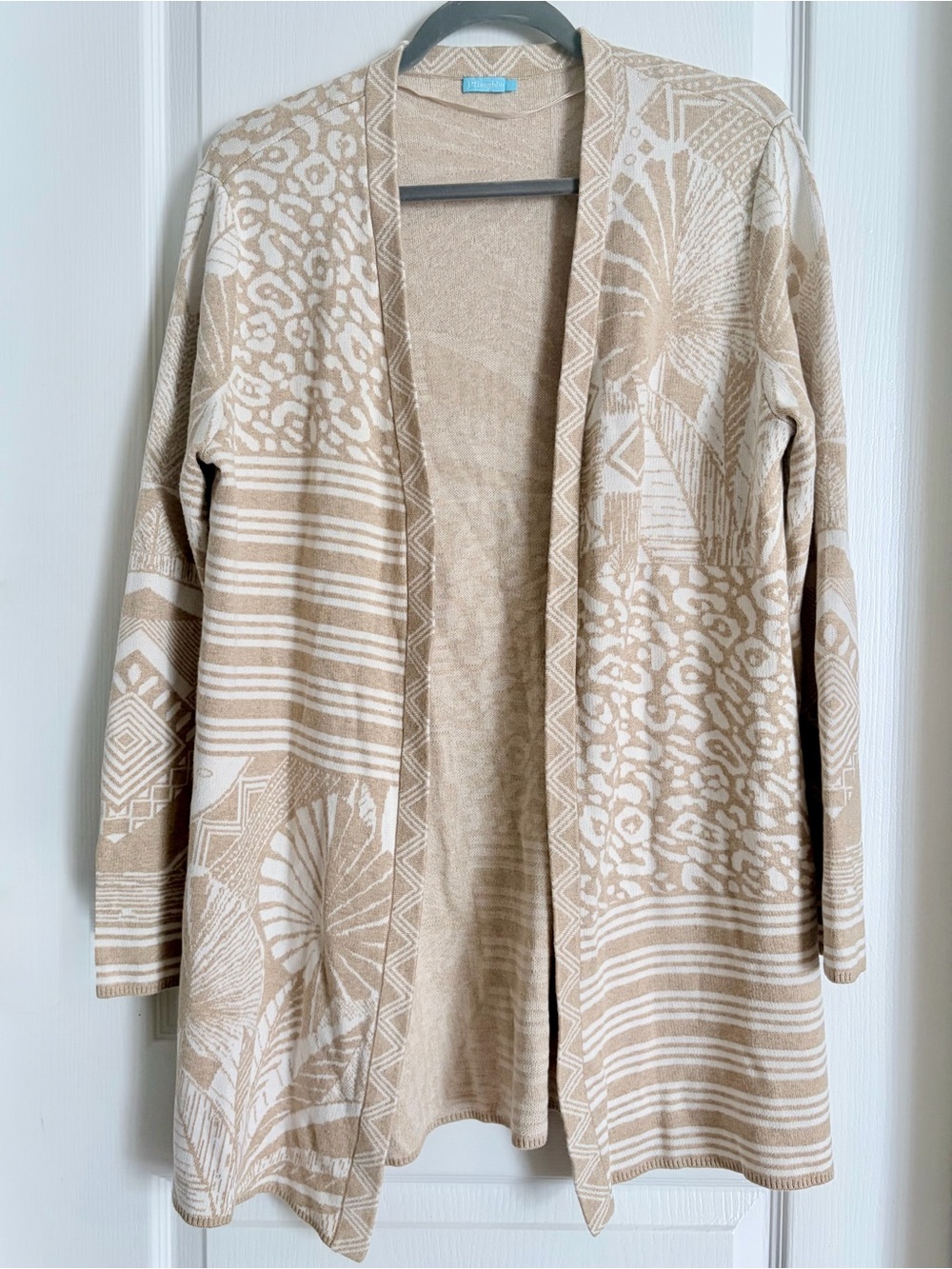 J. McLaughlin Beige and White Patterned Open-Front Cardigan